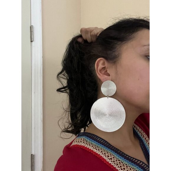 Big Silver earrings disc large metal huge bold statement round circle chunky - Picture 5 of 7